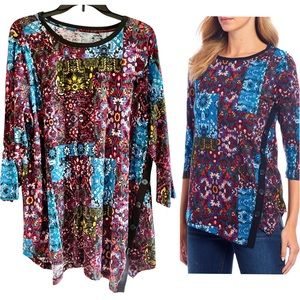 Westbound Asymmetric Hem Patchwork Print 3/4 Sleeve Top Size 2X